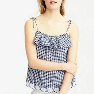 J.Crew Gingham Eyelet Scallop Hem Tie Strap Top in Blue & White Size 6
